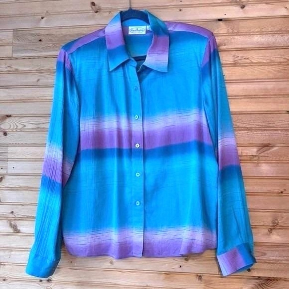 VTG 90s Patchington Blouse Silk 
Blue Purple Shoulder Pads Medium Petite Blanche